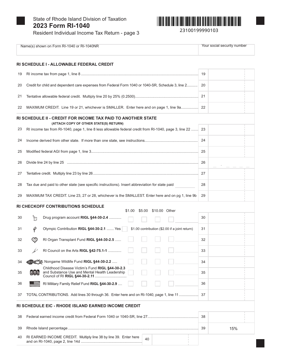 Form RI-1040 Resident Individual Income Tax Return - Rhode Island, Page 3