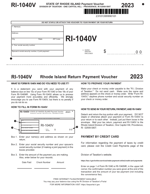 Form RI-1040V Rhode Island Return Payment Voucher - Rhode Island, 2023