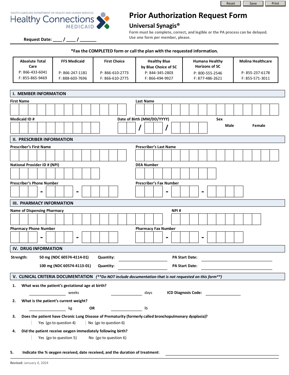 Prior Authorization Request Form - Universal Synagis - South Carolina, Page 1
