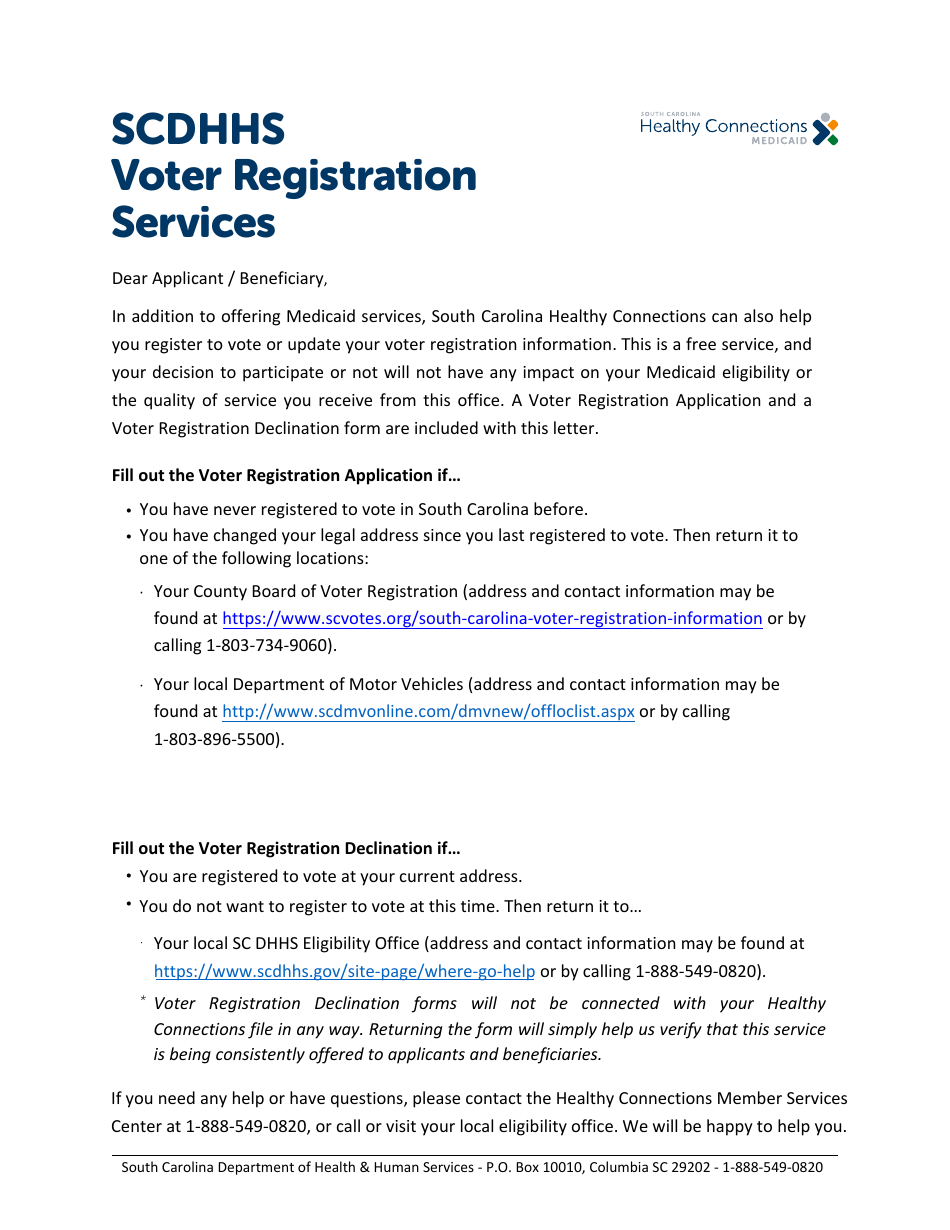 South Carolina Voter Registration Mail Application - South Carolina, Page 1