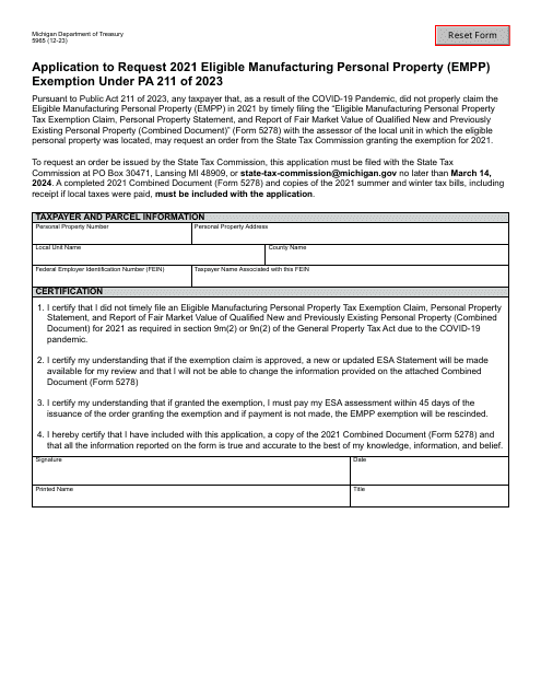 Form 5965 Application to Request 2021 Eligible Manufacturing Personal Property (Empp) Exemption Under Pa 211 of 2023 - Michigan