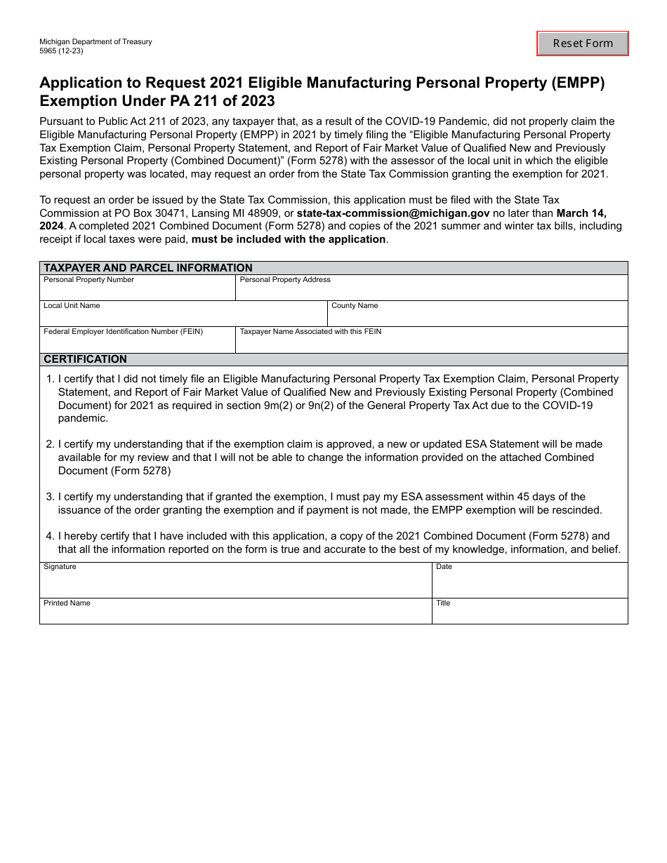 Form 5965 Application to Request 2021 Eligible Manufacturing Personal Property (Empp) Exemption Under Pa 211 of 2023 - Michigan, Page 1