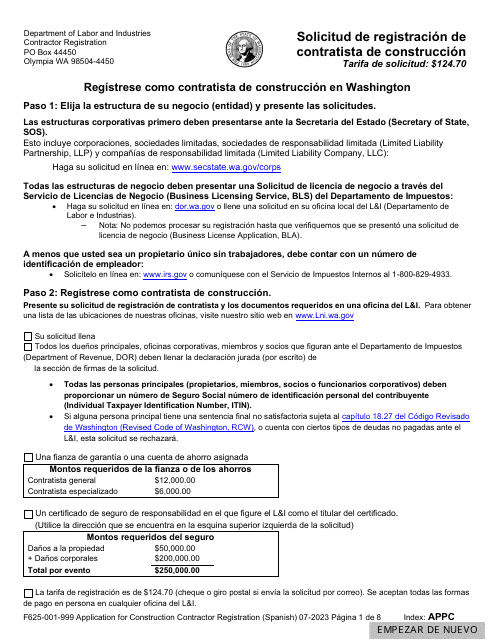 Formulario F625-001-999 Solicitud De Registracion De Contratista De Construccion - Washington (Spanish)