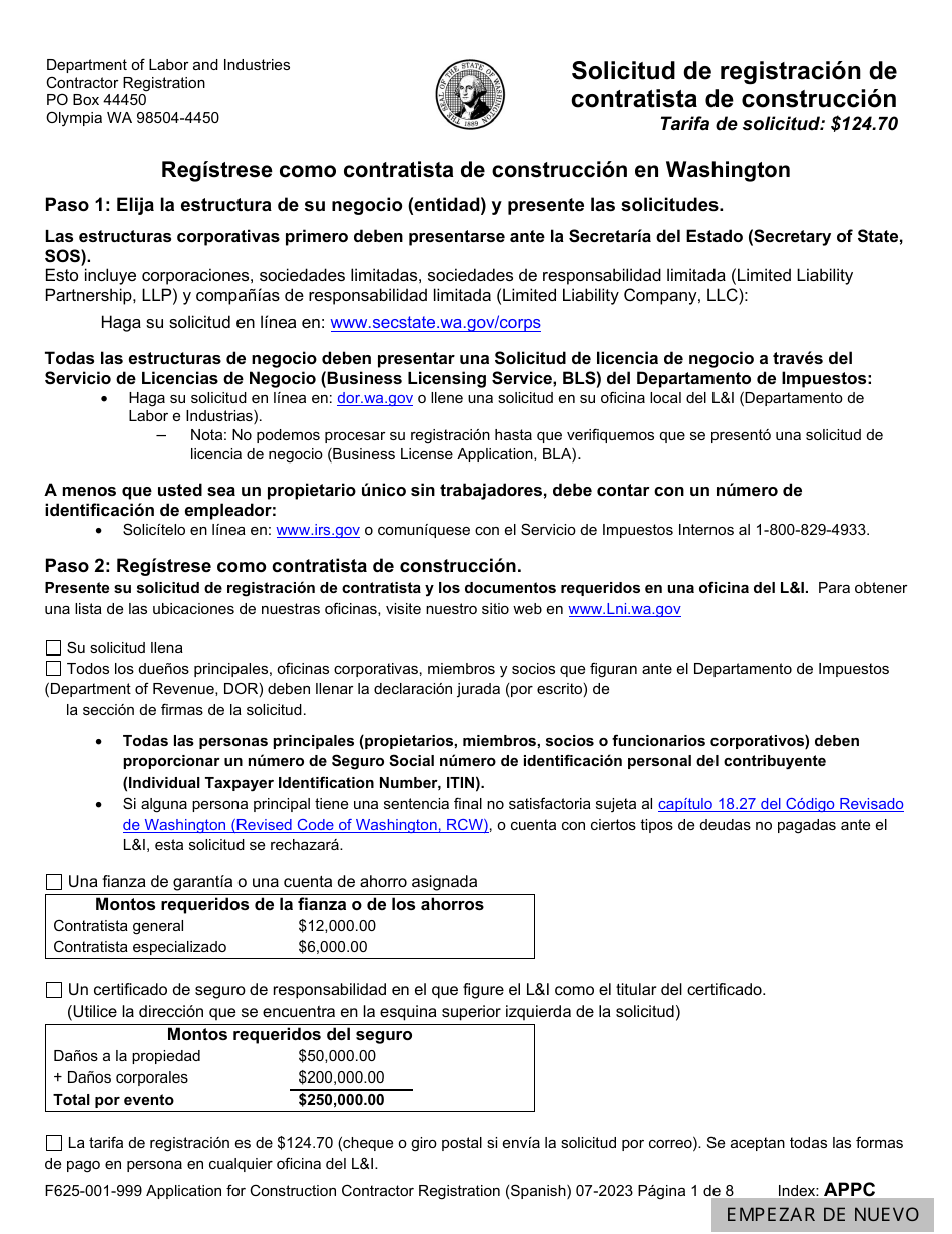 Formulario F625-001-999 Solicitud De Registracion De Contratista De Construccion - Washington (Spanish), Page 1