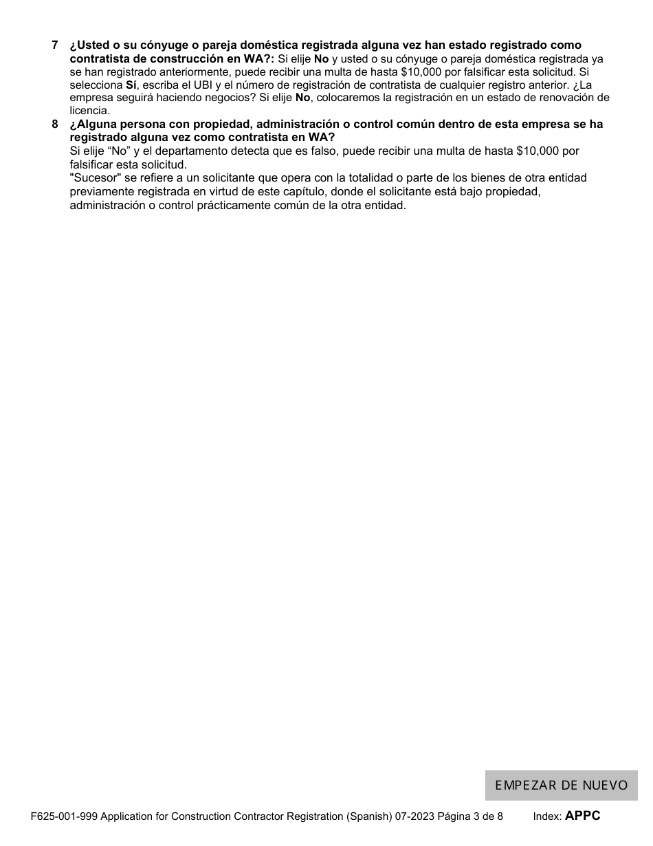 Formulario F625-001-999 Solicitud De Registracion De Contratista De Construccion - Washington (Spanish), Page 3