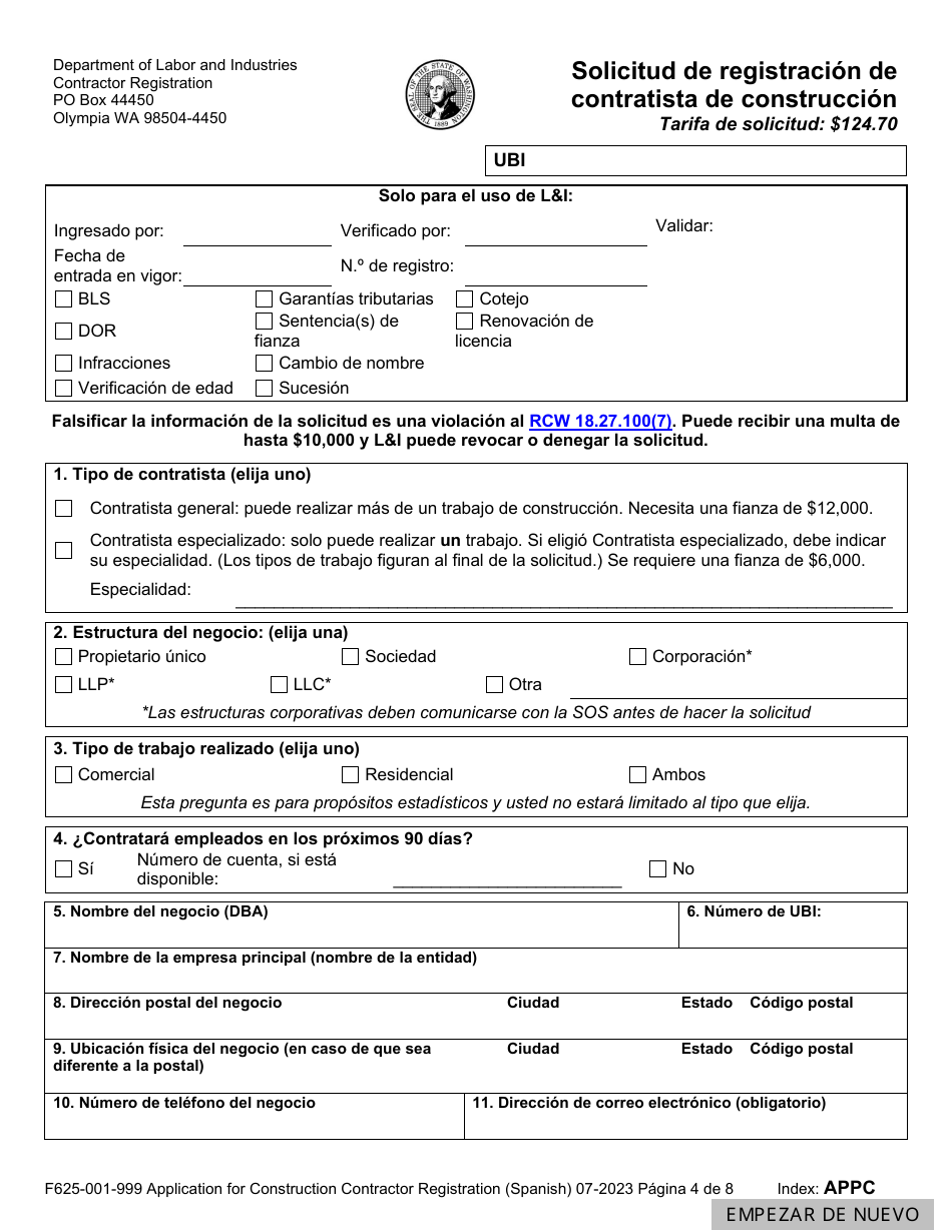 Formulario F625-001-999 Solicitud De Registracion De Contratista De Construccion - Washington (Spanish), Page 4