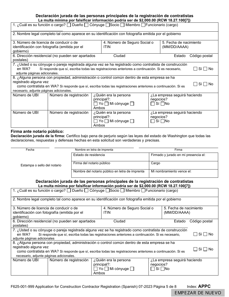 Formulario F625-001-999 Solicitud De Registracion De Contratista De Construccion - Washington (Spanish), Page 5