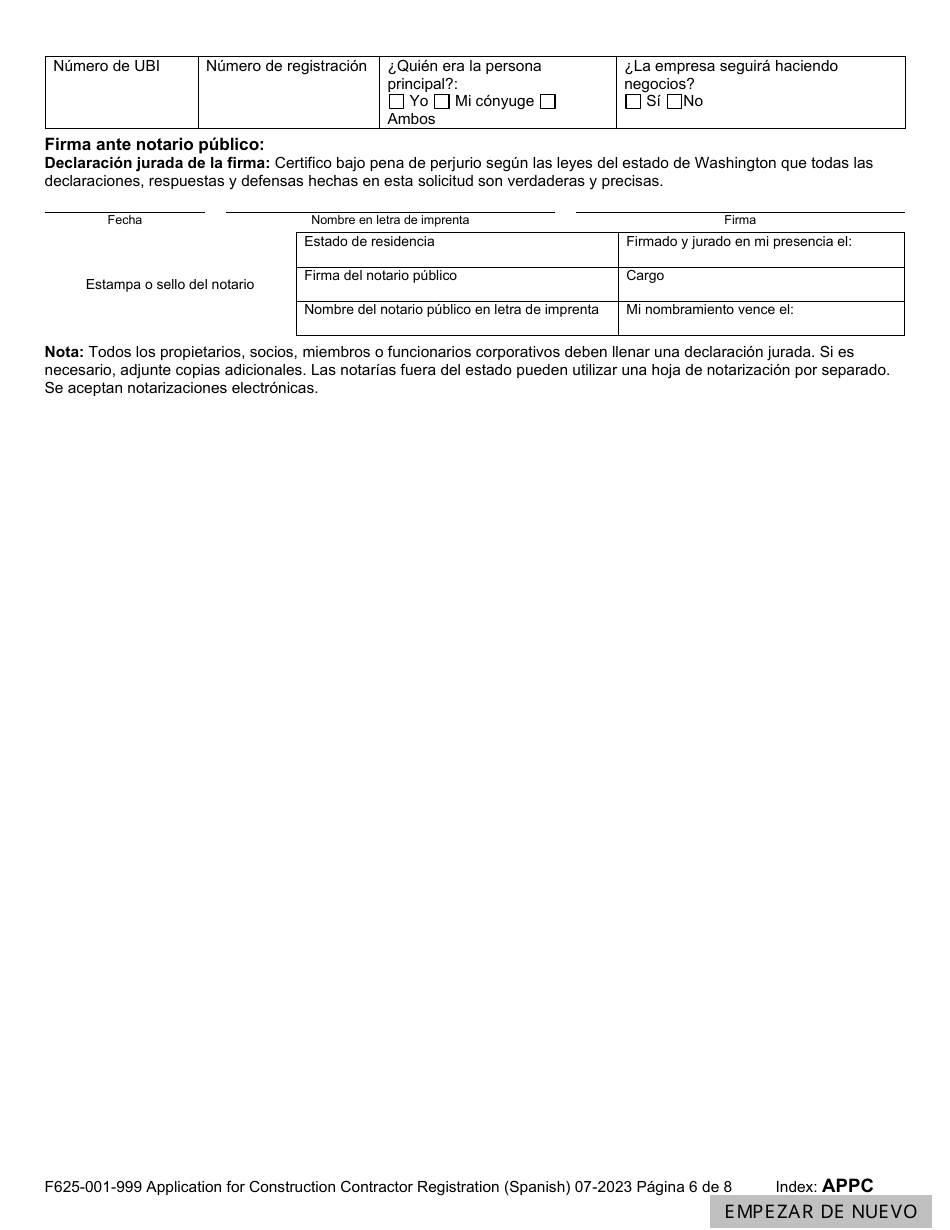 Formulario F625-001-999 Solicitud De Registracion De Contratista De Construccion - Washington (Spanish), Page 6