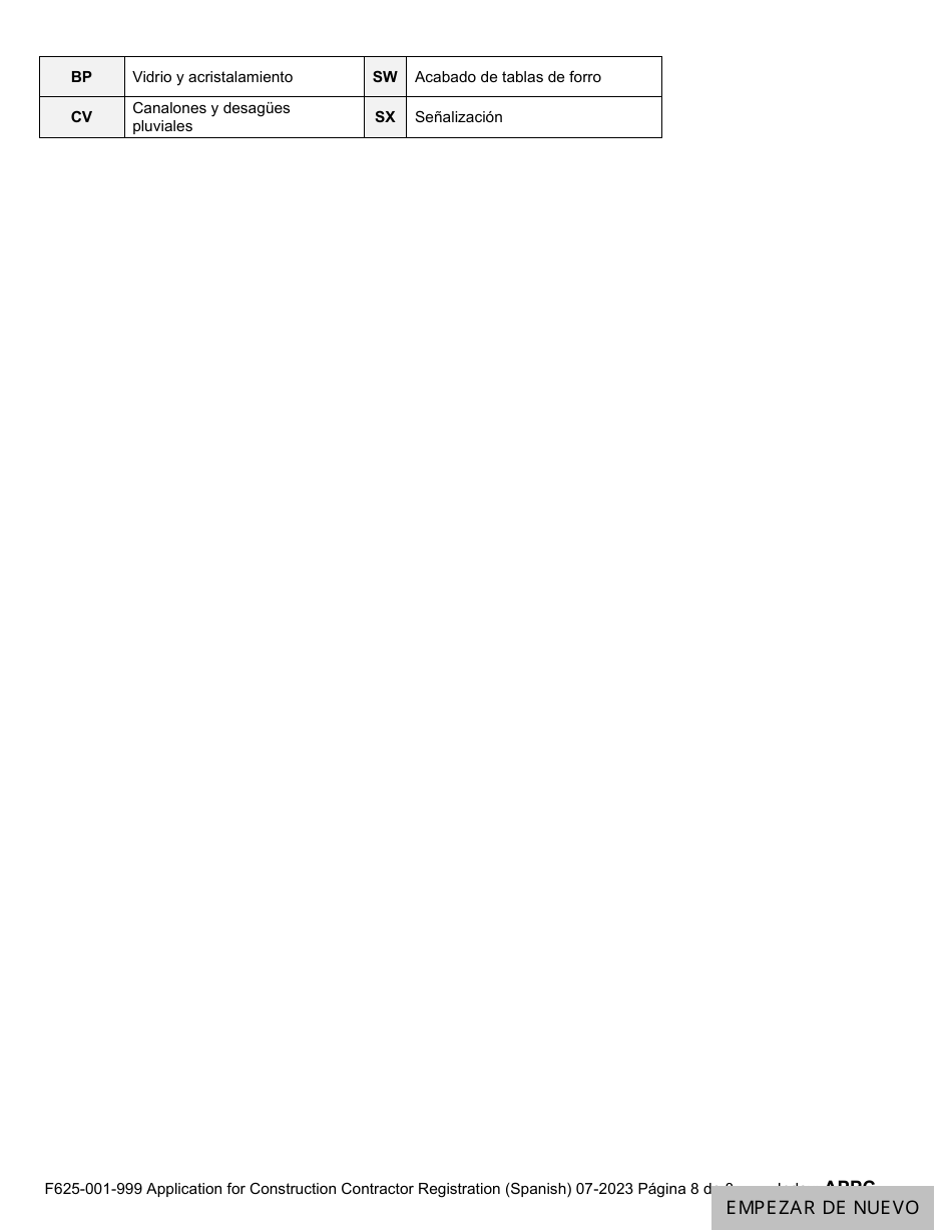 Formulario F625-001-999 Solicitud De Registracion De Contratista De Construccion - Washington (Spanish), Page 8
