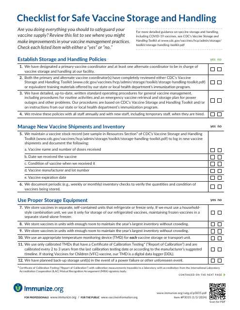 Form P3035 Checklist for Safe Vaccine Storage and Handling