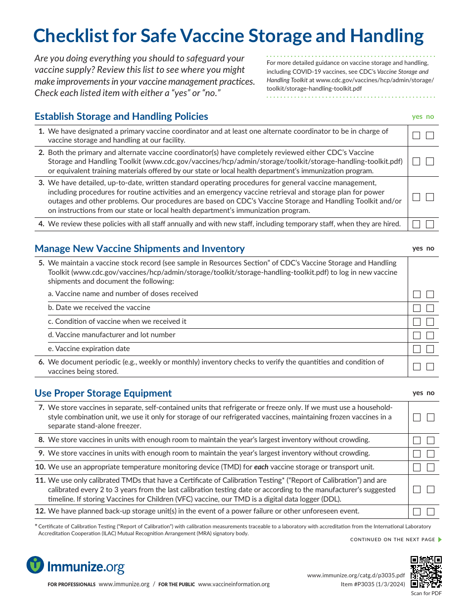 Form P3035 Checklist for Safe Vaccine Storage and Handling, Page 1