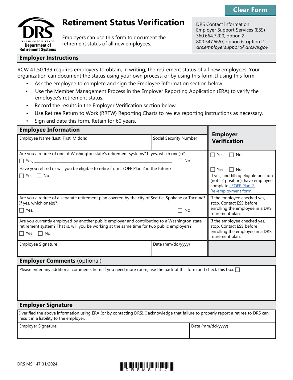 Form DRS MS147 Retirement Status Verification - Washington, Page 1