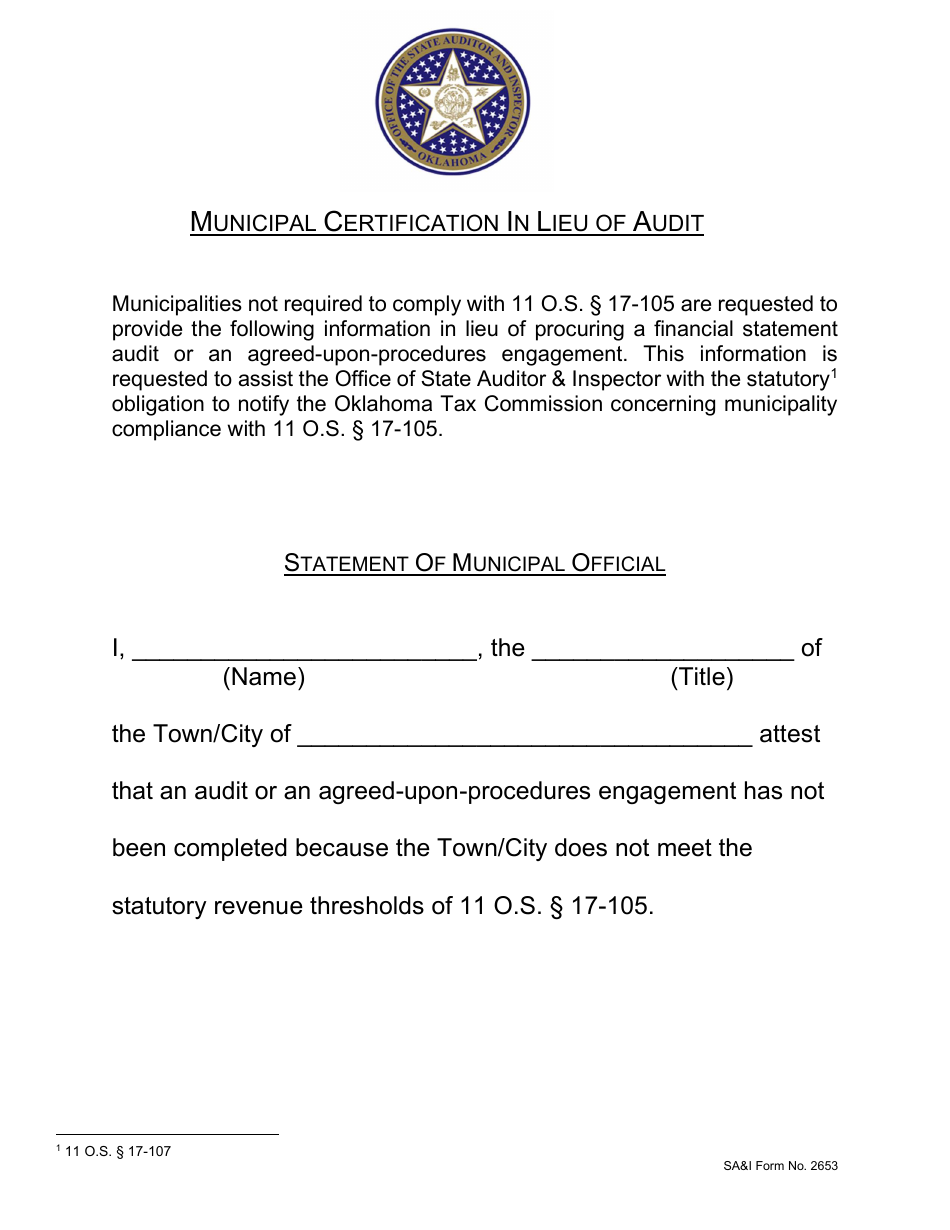 Form SAI2653 Municipal Certification in Lieu of Audit - Oklahoma, Page 1