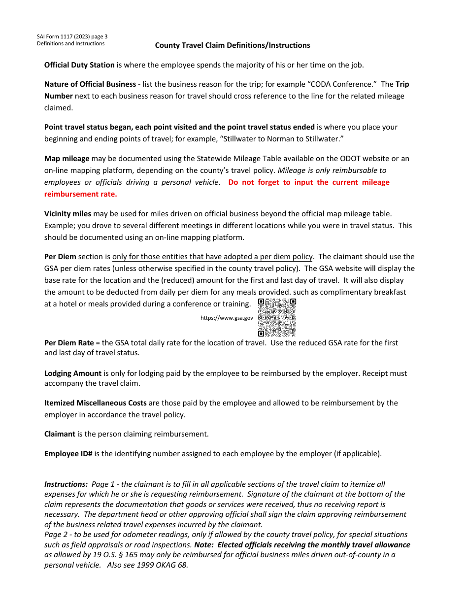 OSAI Form 1117 County Travel Claim - Oklahoma, Page 3
