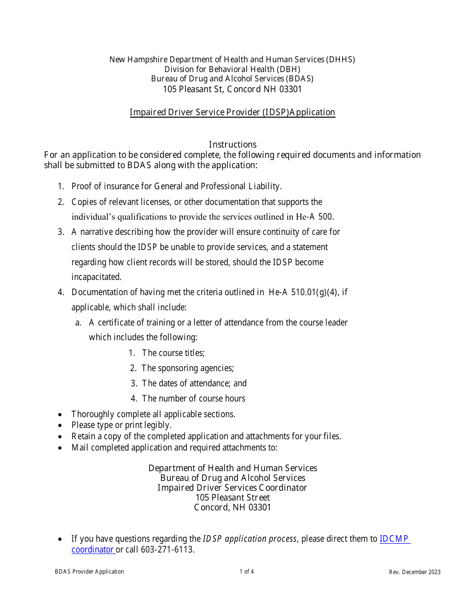 Impaired Driver Service Provider (Idsp) Application - New Hampshire, Page 1