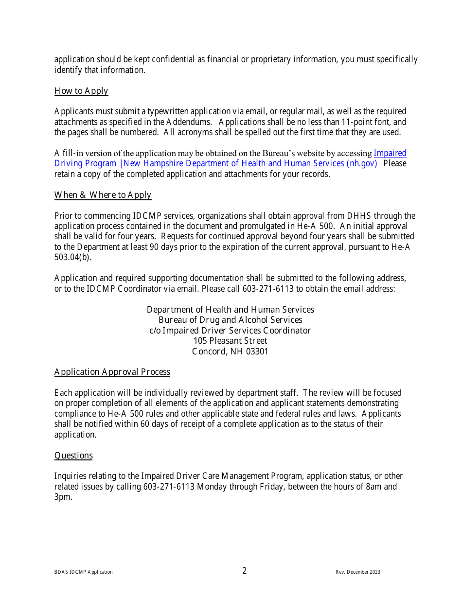 Impaired Driver Care Management Program (Idcmp) Application - New Hampshire, Page 2