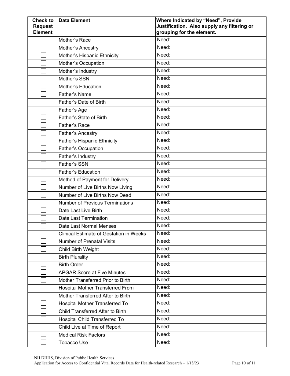 Application for Access to Confidential Vital Records Data for Health Related Research - New Hampshire, Page 10
