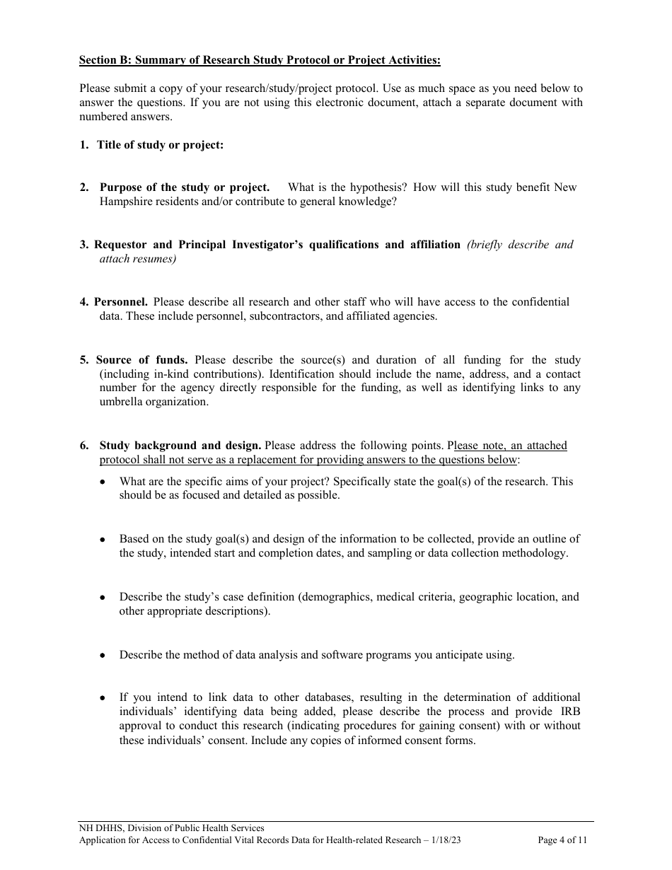 Application for Access to Confidential Vital Records Data for Health Related Research - New Hampshire, Page 4
