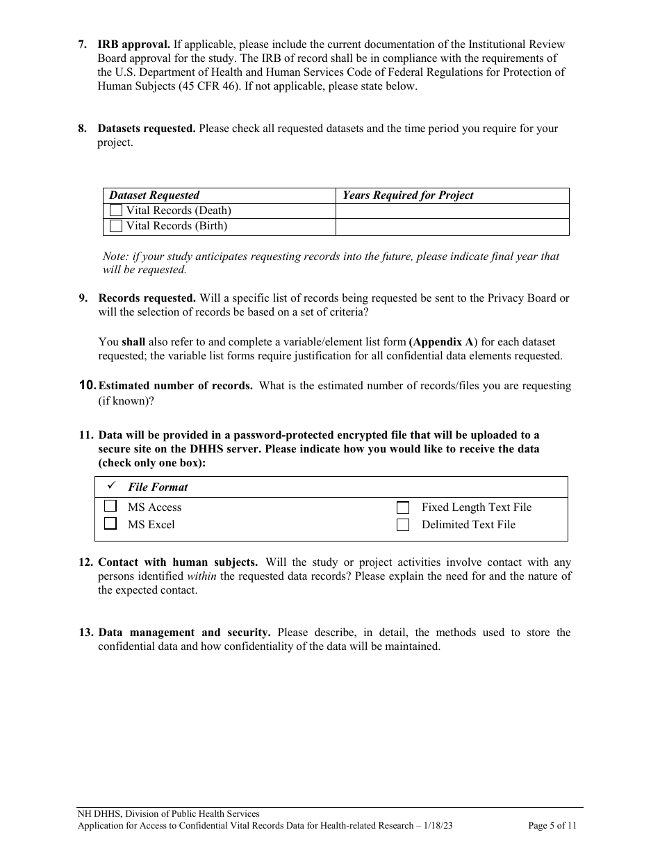 Application for Access to Confidential Vital Records Data for Health Related Research - New Hampshire, Page 5