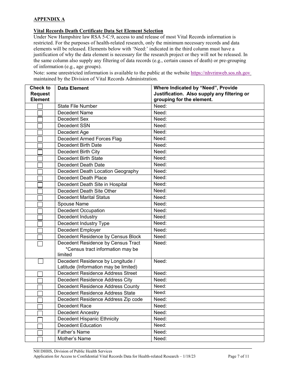 Application for Access to Confidential Vital Records Data for Health Related Research - New Hampshire, Page 7
