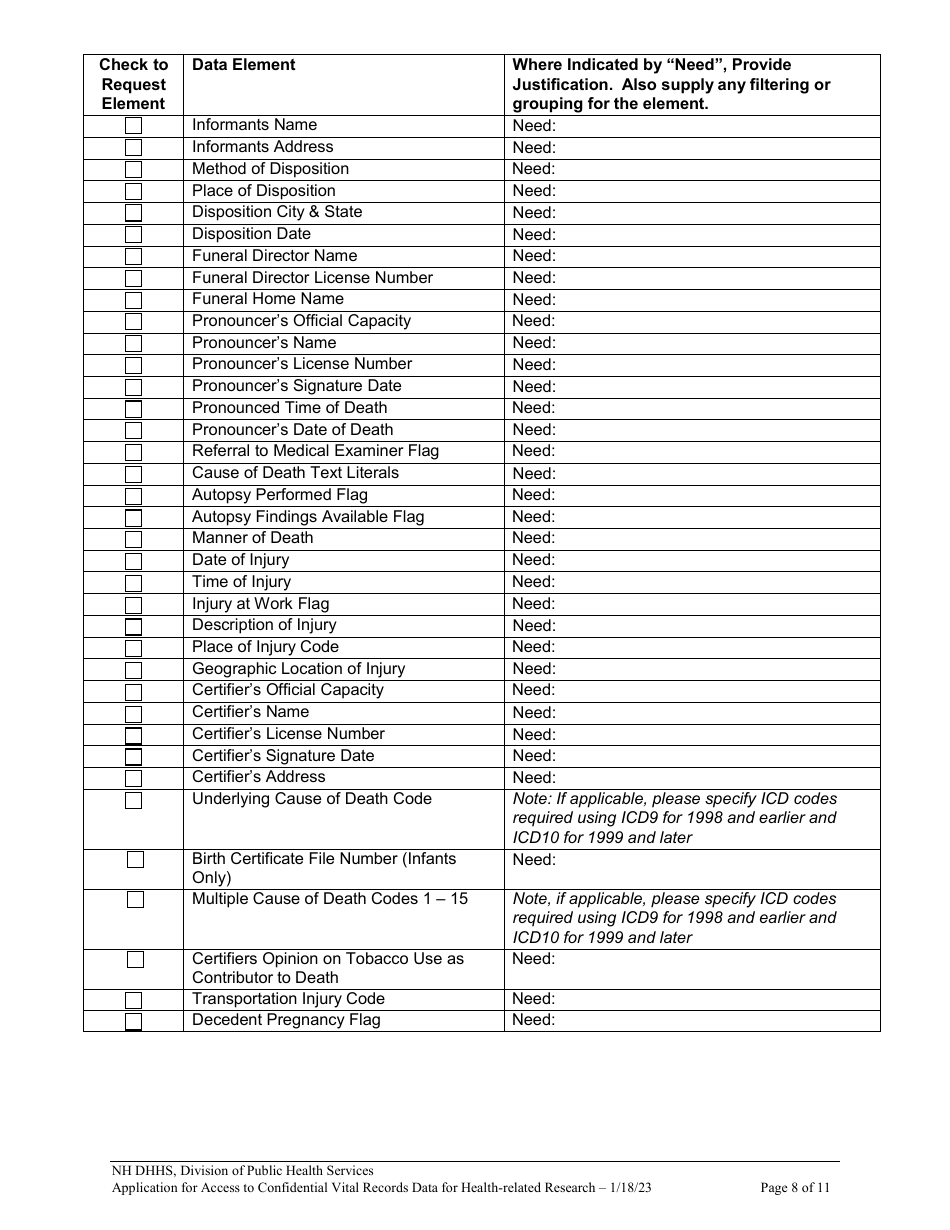 Application for Access to Confidential Vital Records Data for Health Related Research - New Hampshire, Page 8