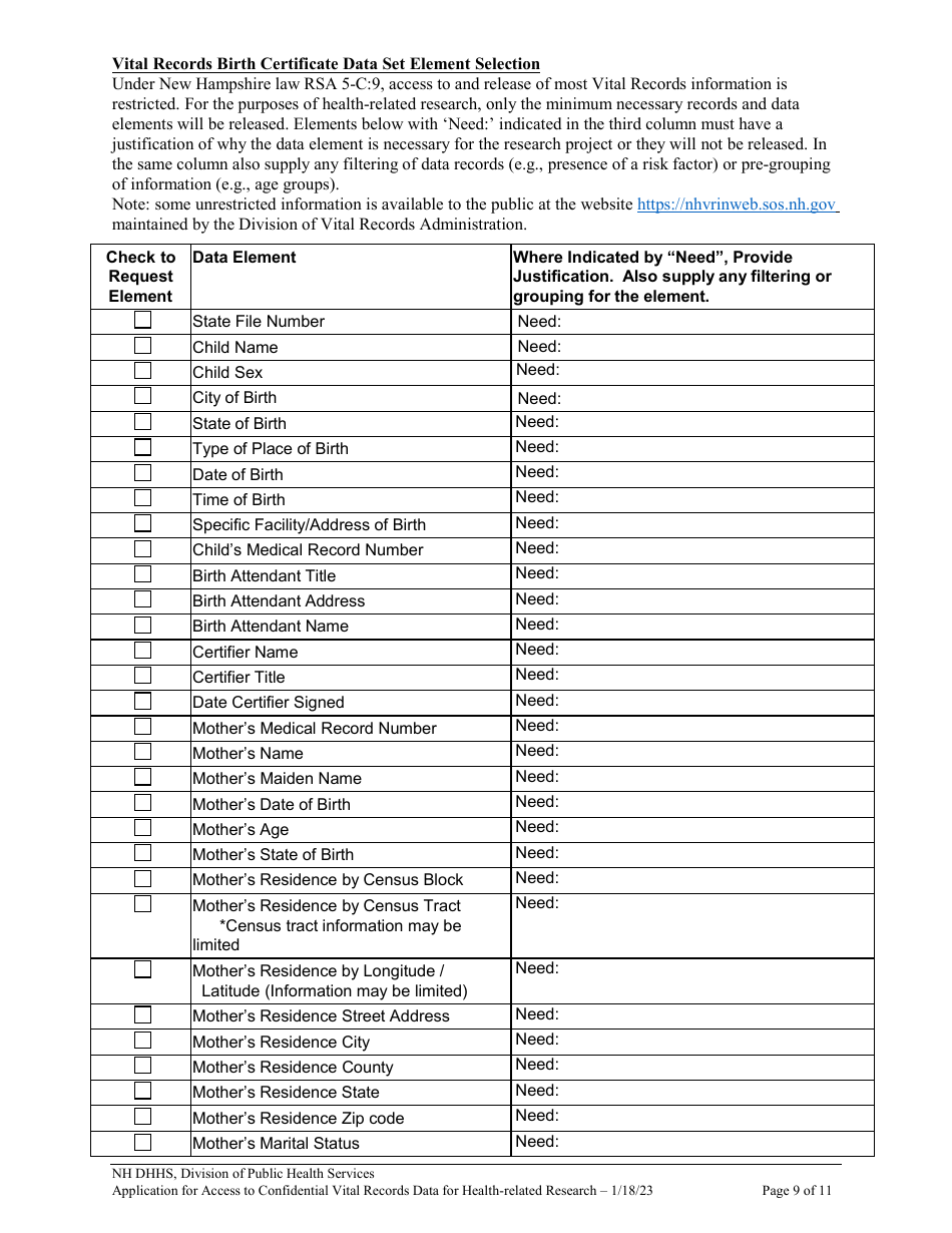 Application for Access to Confidential Vital Records Data for Health Related Research - New Hampshire, Page 9