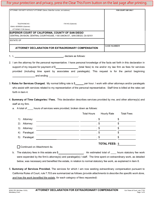 Form PR-196 Attorney Declaration for Extraordinary Compensation - County of San Diego, California