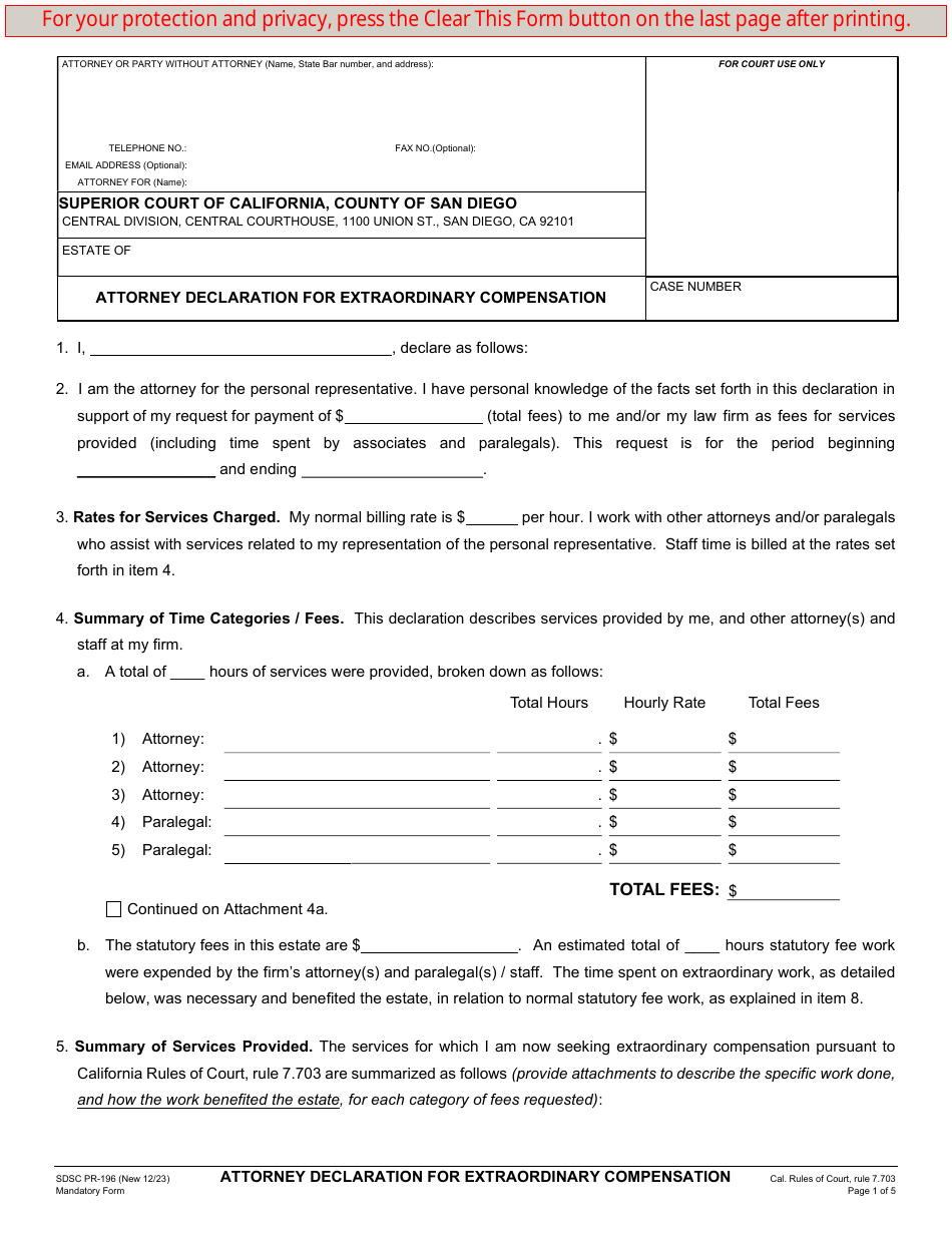 Form PR-196 Attorney Declaration for Extraordinary Compensation - County of San Diego, California, Page 1