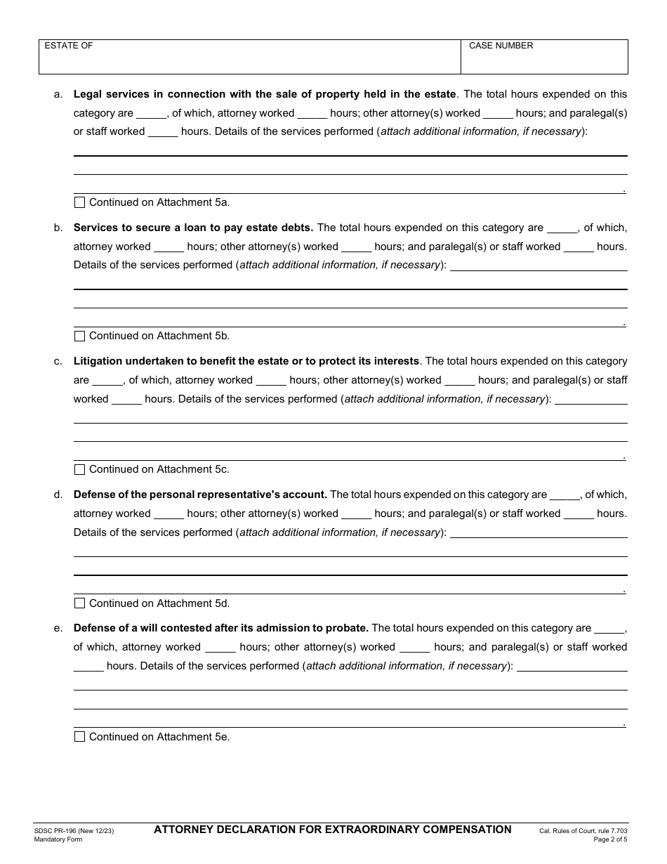 Form PR-196 Attorney Declaration for Extraordinary Compensation - County of San Diego, California, Page 2