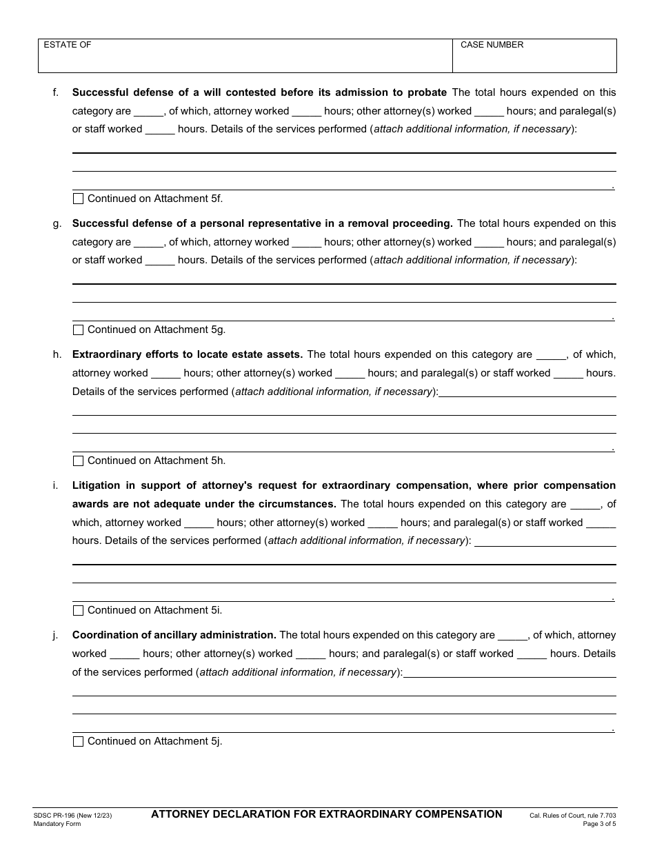 Form PR-196 Attorney Declaration for Extraordinary Compensation - County of San Diego, California, Page 3
