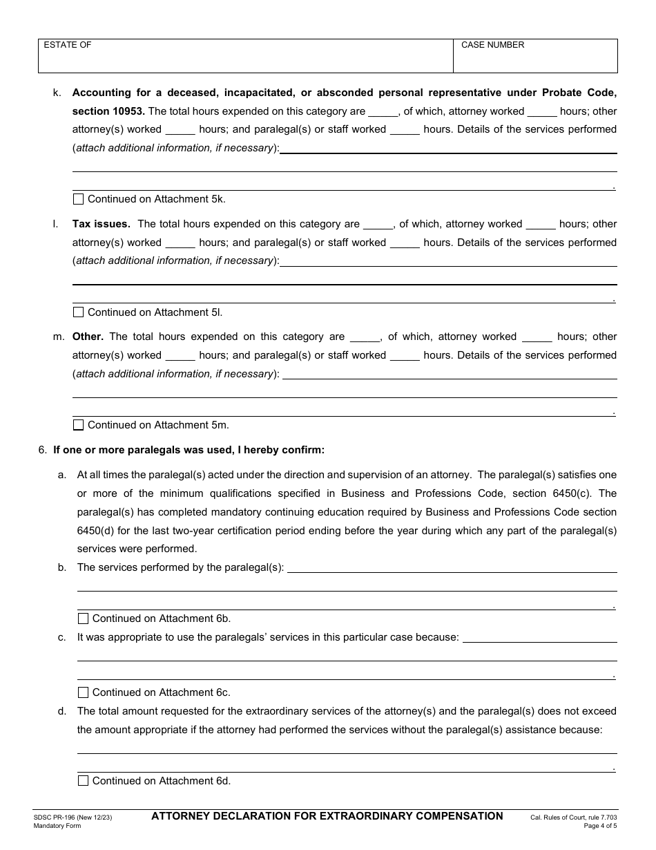 Form PR-196 Attorney Declaration for Extraordinary Compensation - County of San Diego, California, Page 4