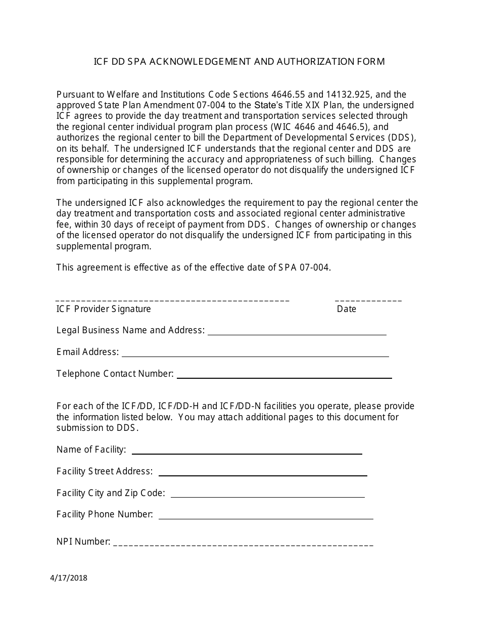 Icf DD SPA Acknowledgement and Authorization Form - California, Page 1