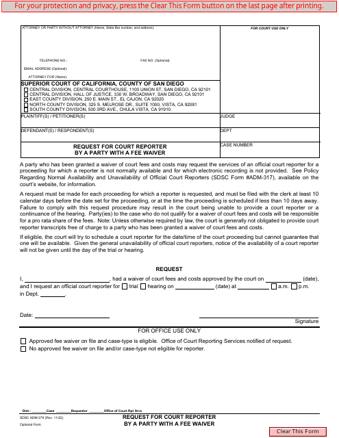 Form ADM-379 Request for Court Reporter by a Party With a Fee Waiver - County of San Diego, California