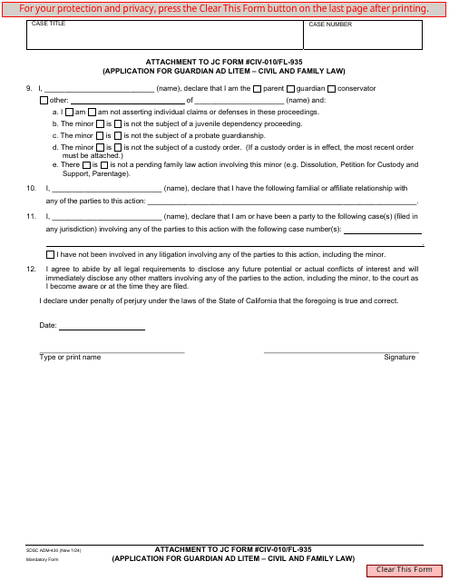 Form ADM-430 Attachment to Jc Form #civ-010/Fl-935 (Application for Guardian Ad Litem - Civil and Family Law) - County of San Diego, California