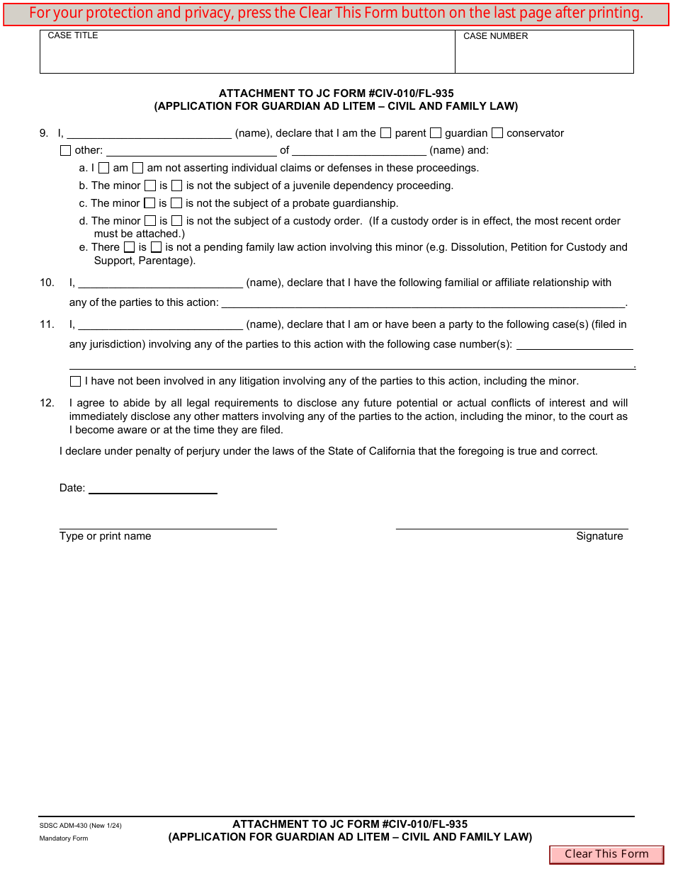 Form ADM-430 Attachment to Jc Form #civ-010 / Fl-935 (Application for Guardian Ad Litem - Civil and Family Law) - County of San Diego, California, Page 1