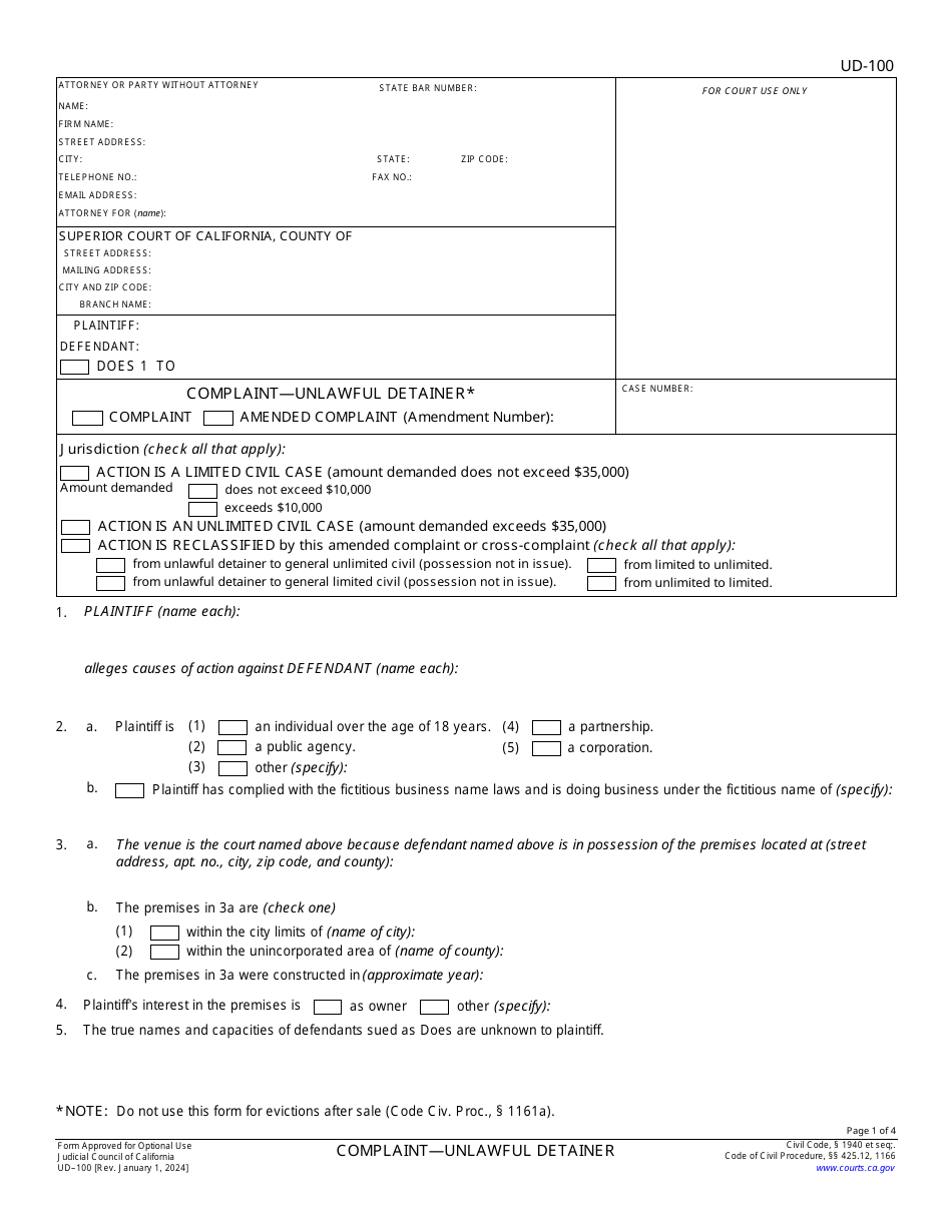 Form UD-100 Complaint - Unlawful Detainer - California, Page 1