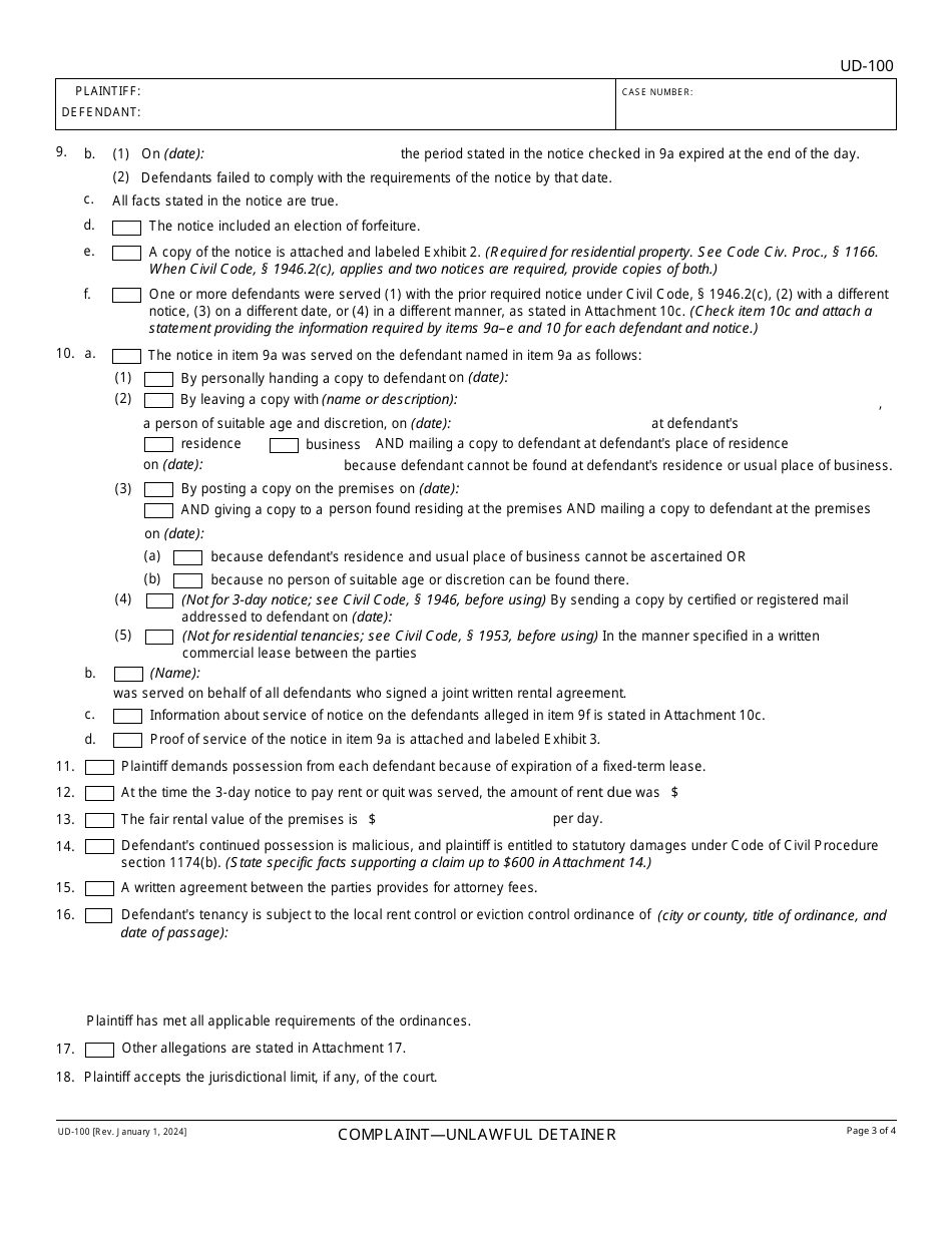 Form UD-100 Complaint - Unlawful Detainer - California, Page 3