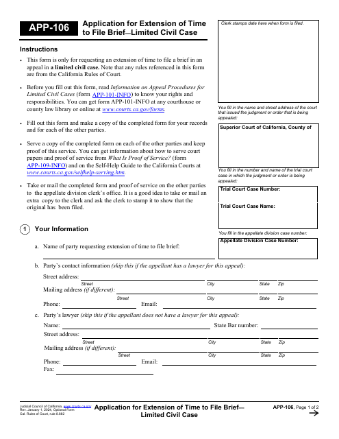 Form APP-106 Application for Extension of Time to File Brief-Limited Civil Case - California