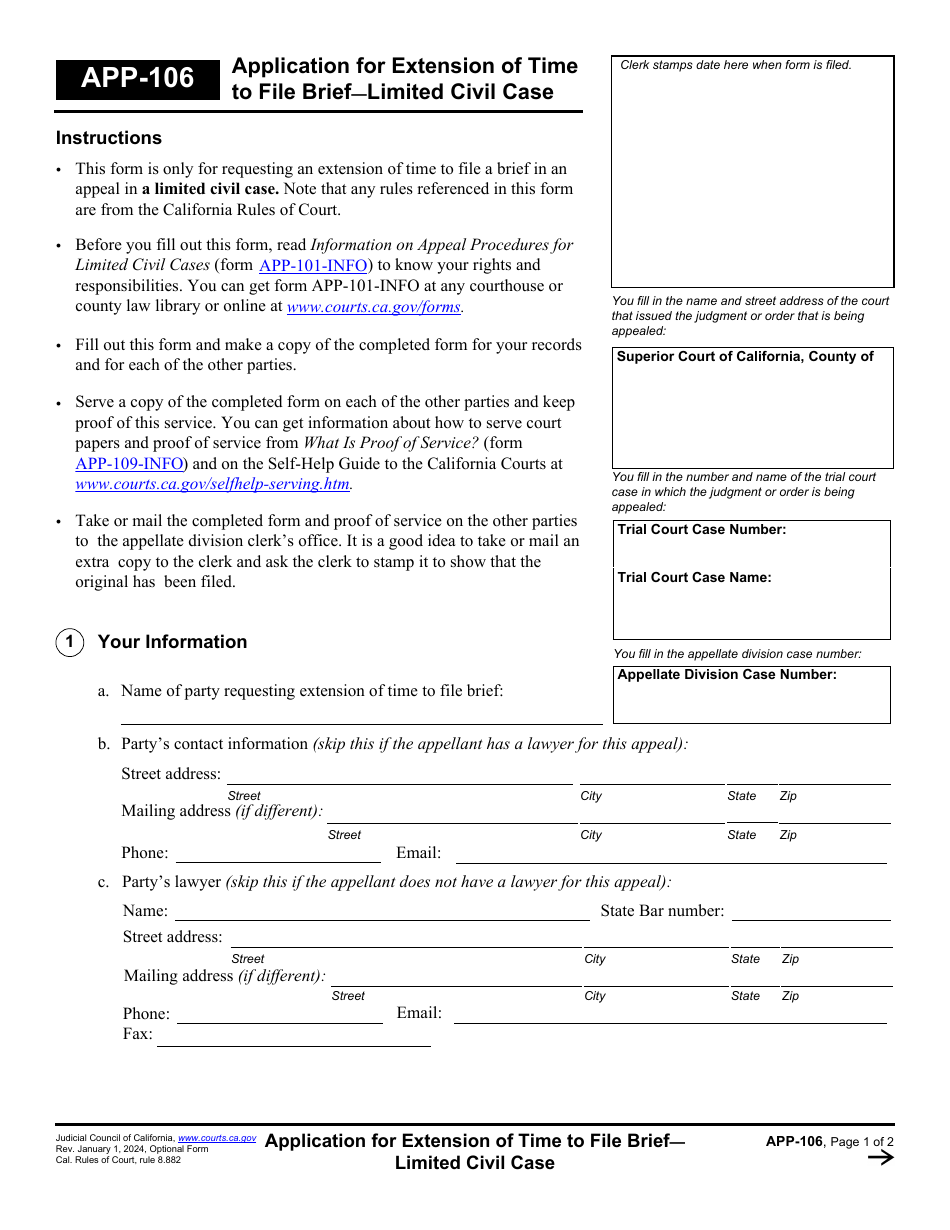 Form APP-106 Application for Extension of Time to File Brief-Limited Civil Case - California, Page 1