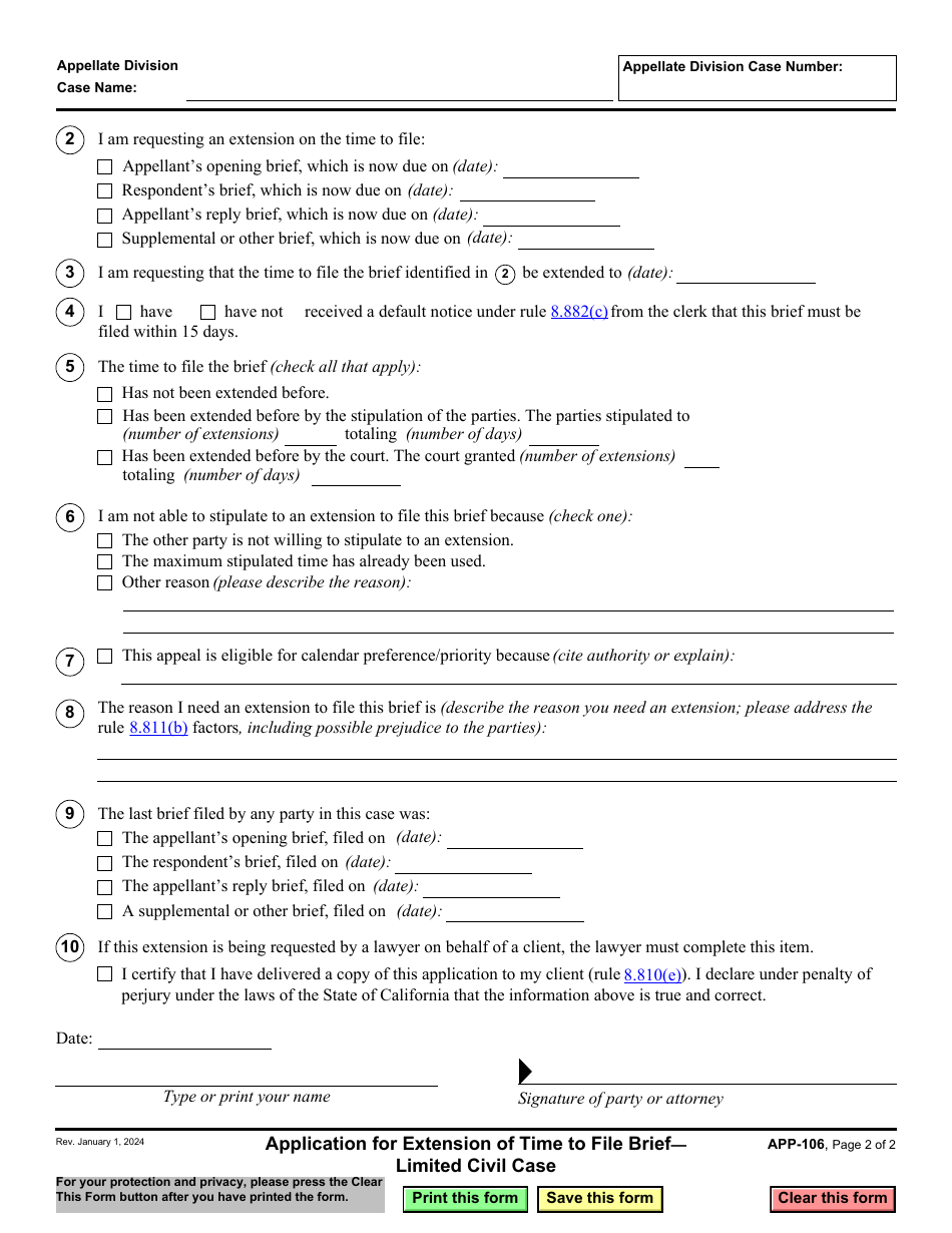 Form APP-106 Application for Extension of Time to File Brief-Limited Civil Case - California, Page 2