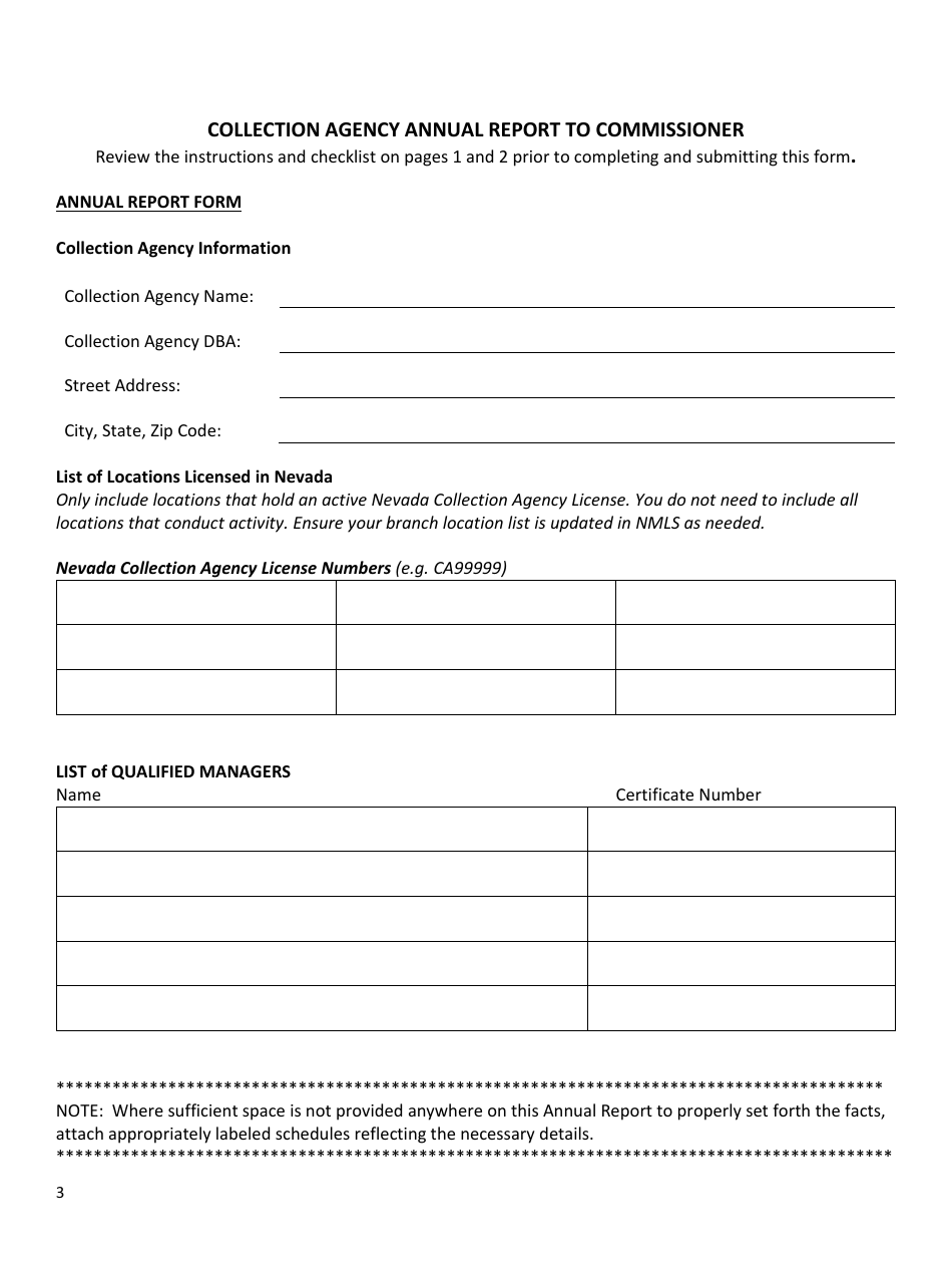 Collection Agency Annual Report to Commissioner - Nevada, Page 3