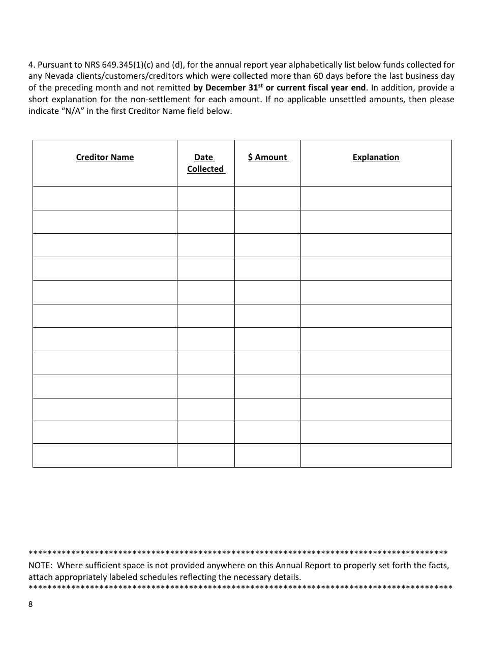 Collection Agency Annual Report to Commissioner - Nevada, Page 8