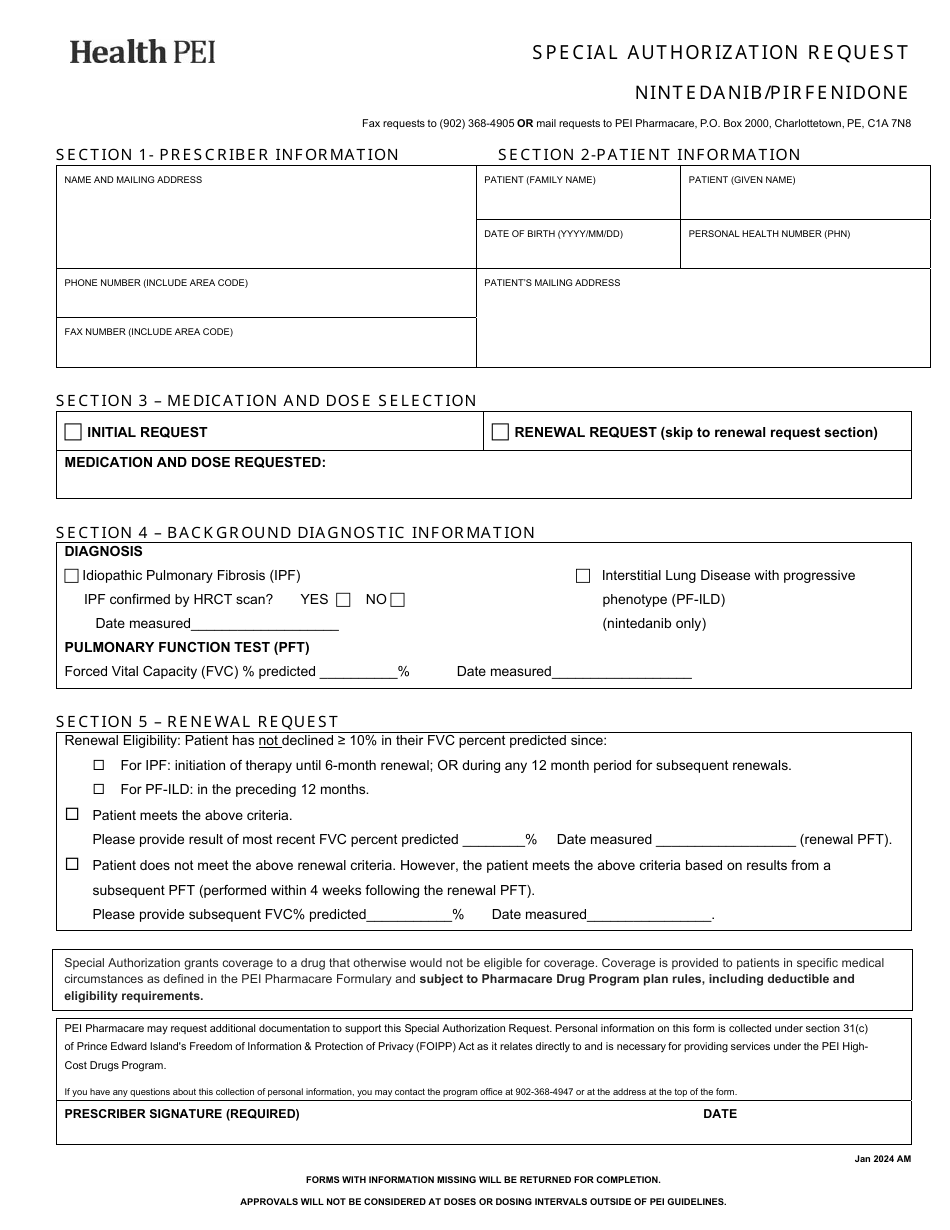 Special Authorization Request - Nintedanib / Pirfenidone - Prince Edward Island, Canada, Page 1