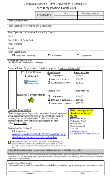Farm Registration Form - Prince Edward Island, Canada Download Pdf