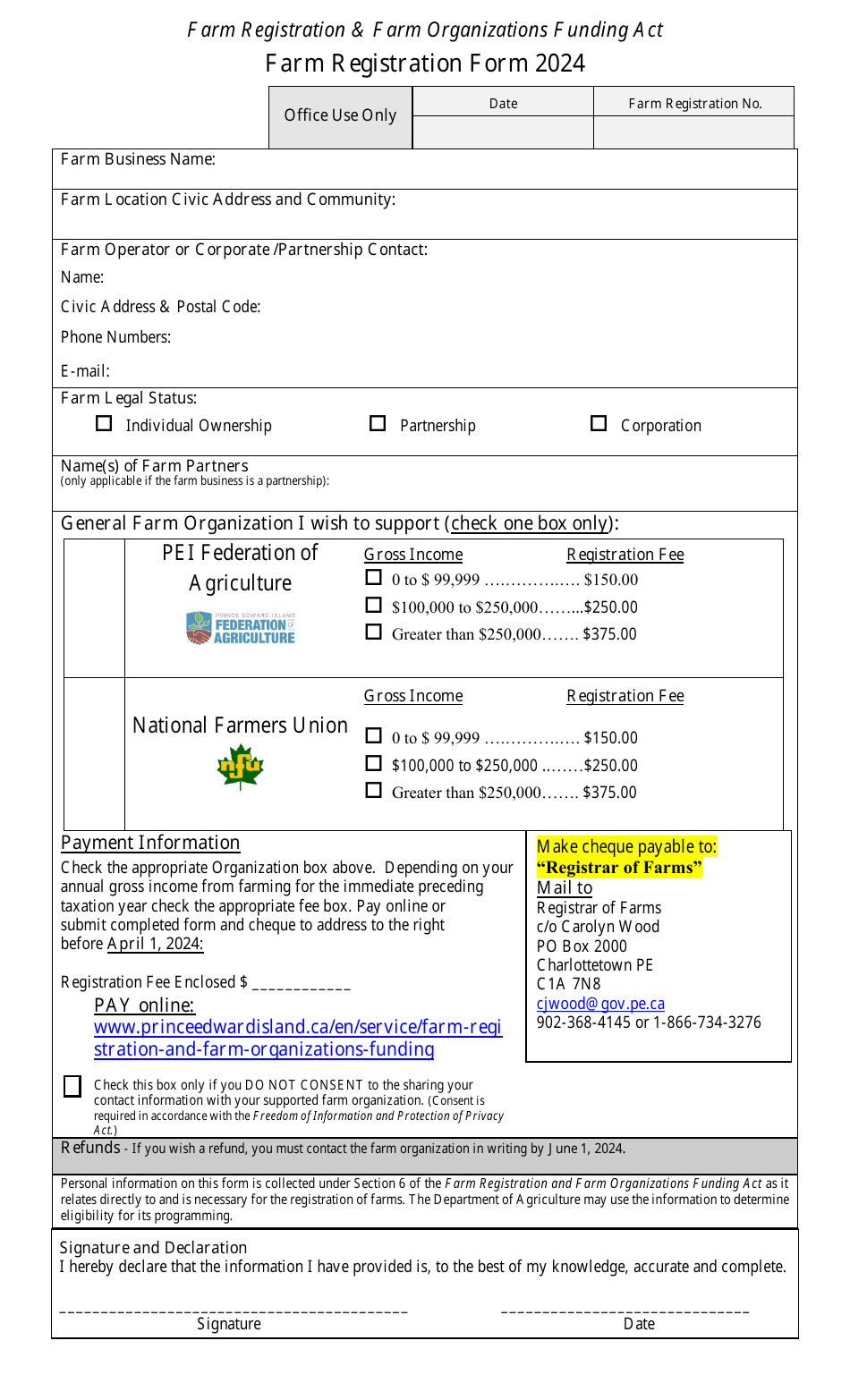 Farm Registration Form - Prince Edward Island, Canada, Page 1