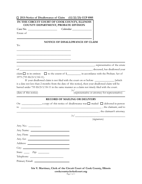 Form CCP0505 Notice of Disallowance of Claim - Cook County, Illinois