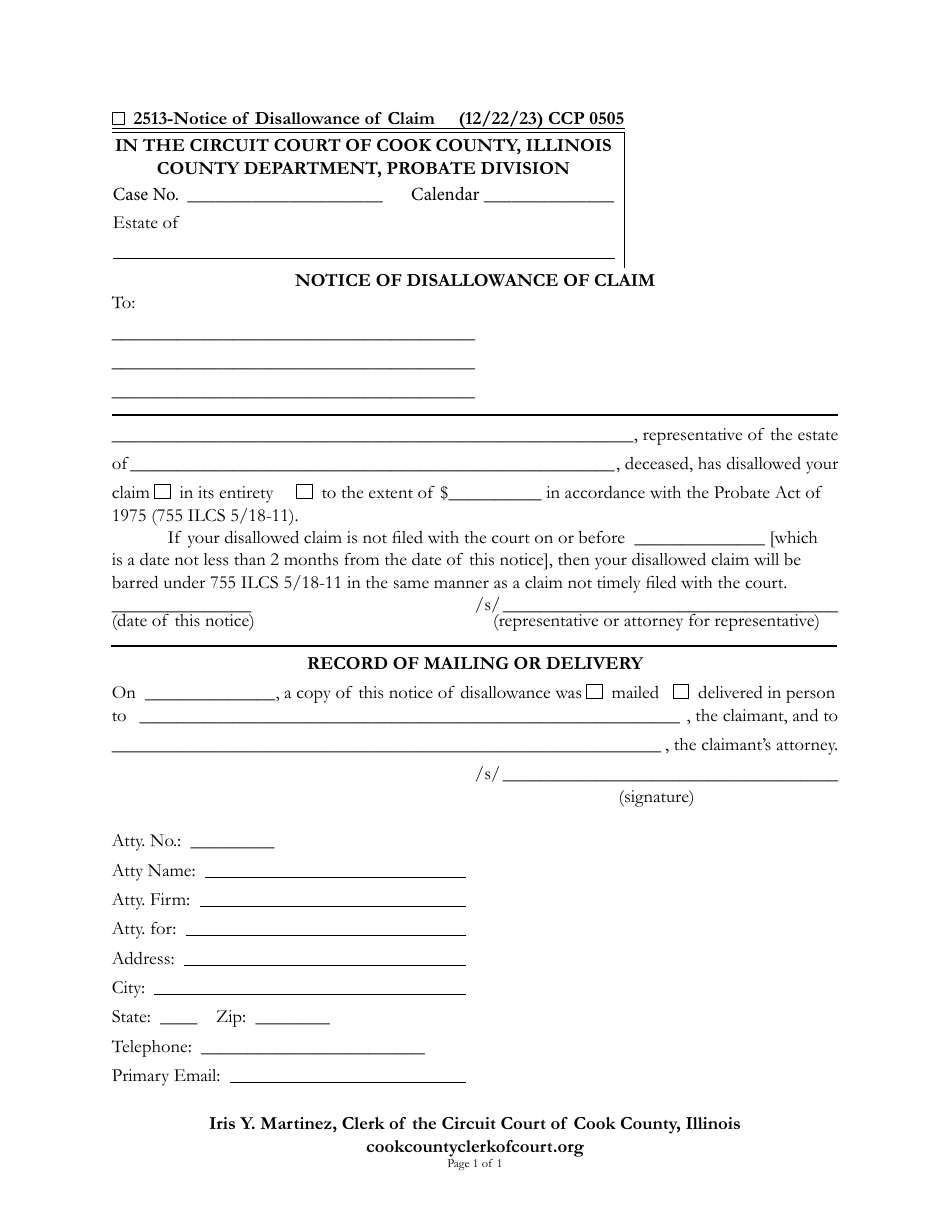 Form CCP0505 Notice of Disallowance of Claim - Cook County, Illinois, Page 1
