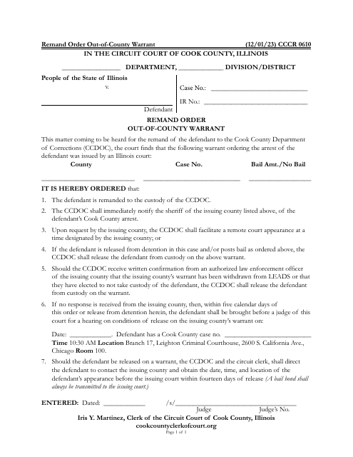 Form CCCR0610 Remand Order out-Of-County Warrant - Cook County, Illinois