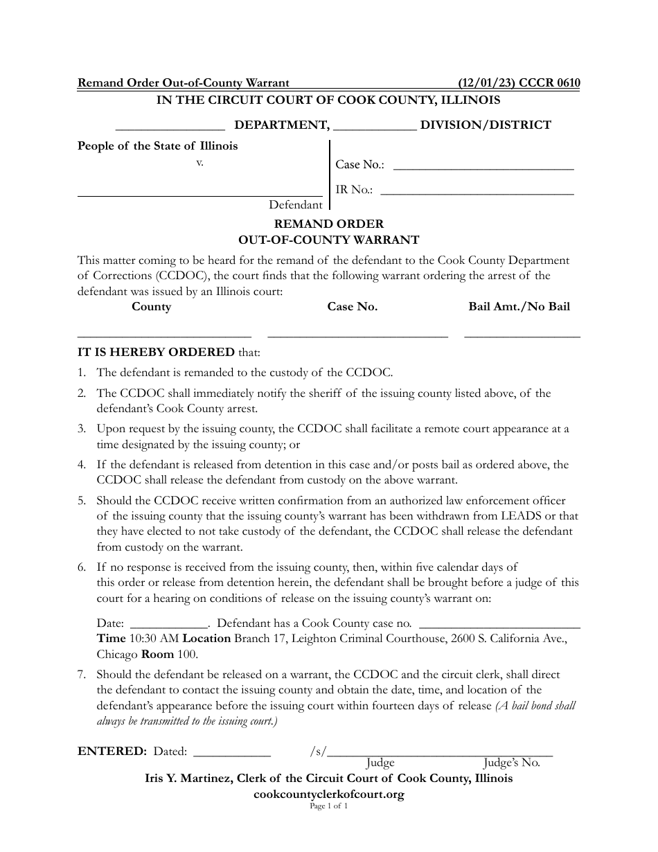 Form CCCR0610 Remand Order out-Of-County Warrant - Cook County, Illinois, Page 1