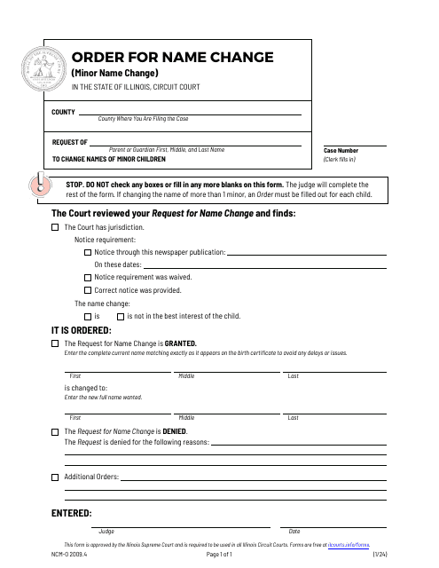 Form NCM-O2009.4 Order for Name Change (Minor Name Change) - Illinois